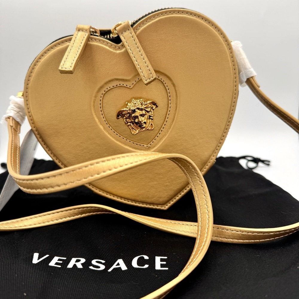 NWT Versace Heart Medusa Crossbody Strap Bag Gold Leather Kids Purse Logo Plaque